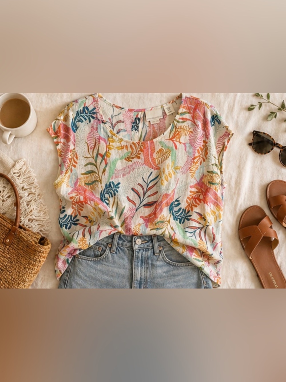 Cynthia Rowley Linen Tropical Blouse XL Button Back Coastal Boho Top Resortwear - Picture 4 of 13